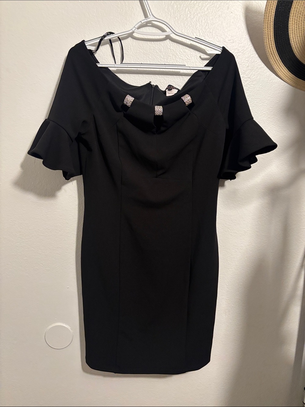 Black Off-Shoulder Ruffle Sleeve Mini Dress with Embellished Neck